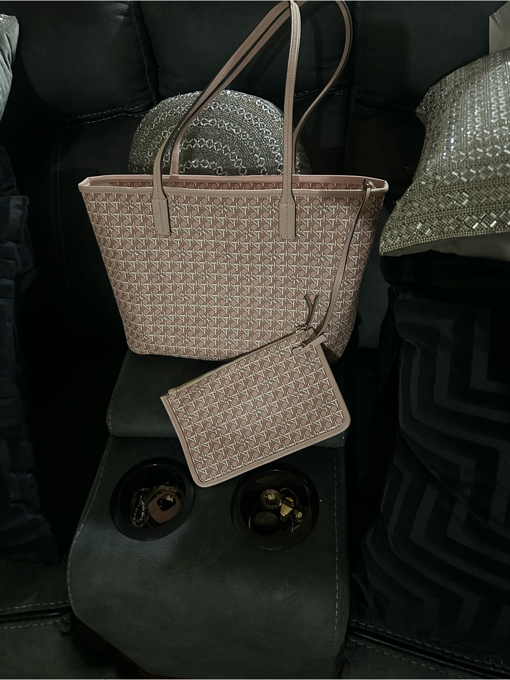 Classic Beige Patterned Tote with Detachable Wristlet